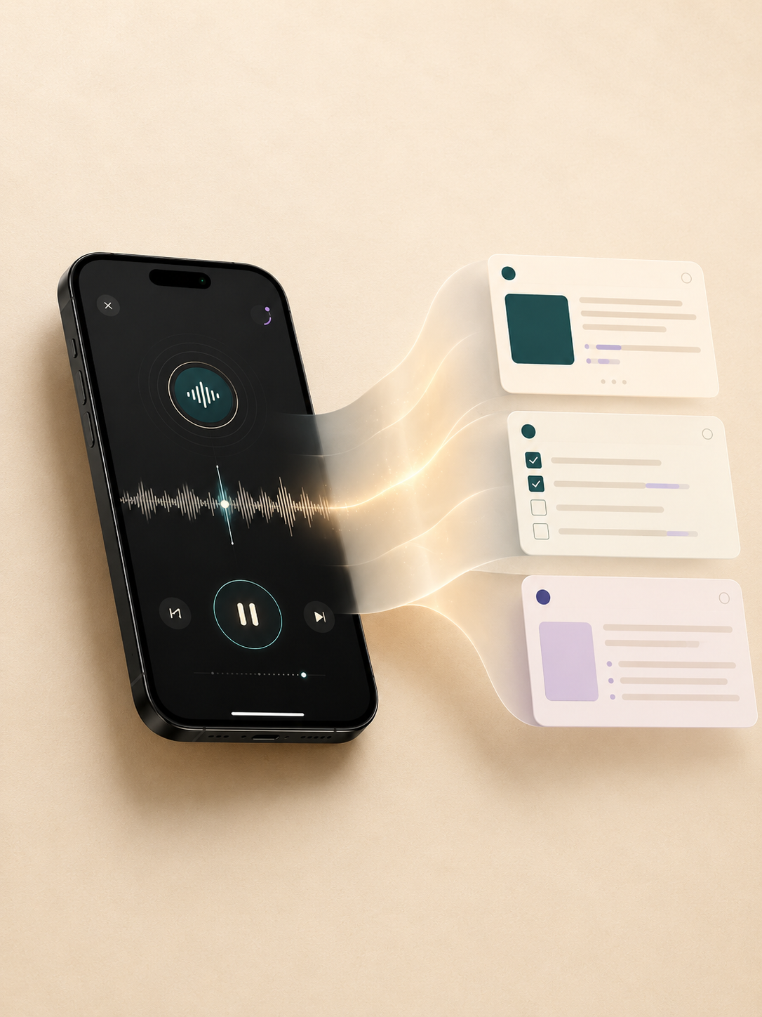 an editorial illustration showing voice capture becoming structured notes, tasks, and summaries